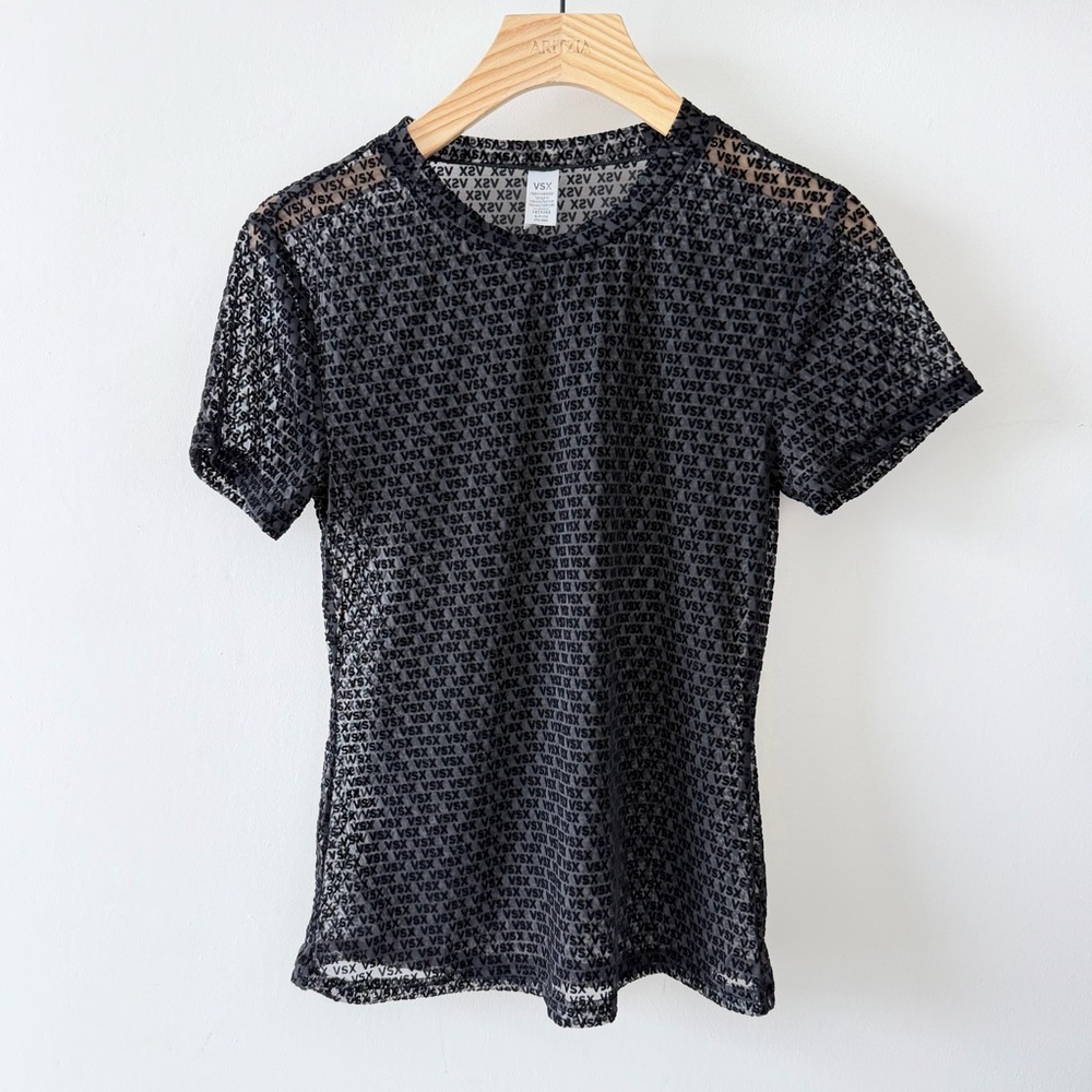 Victoria’s Secret VSX Black Sheer Mesh Logo Tee Y2K Fitted Top Size S - Picture 2 of 9